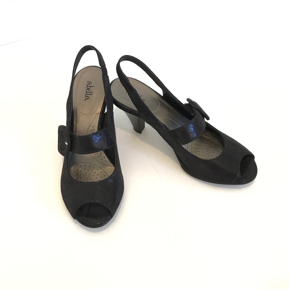 ABELLA Comfort Heels Dress Sandals Slingback Peep Toe Black Women’s Size 7 - Picture 2 of 16